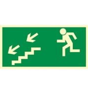 kierunek do wyjścia drogi ewakuacyjnej schodami w dół w prawo/ w lewo